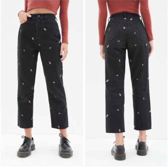 PacSun Denim - PacSun Rose Embroidered Black High Rise Mom Jeans Straight Ankle Length- 24